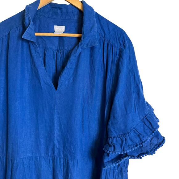 Chico’s Blue Linen Flounce Sleeve Tiered Collared Relaxed Maxi Dress Size 22 - Picture 5 of 10